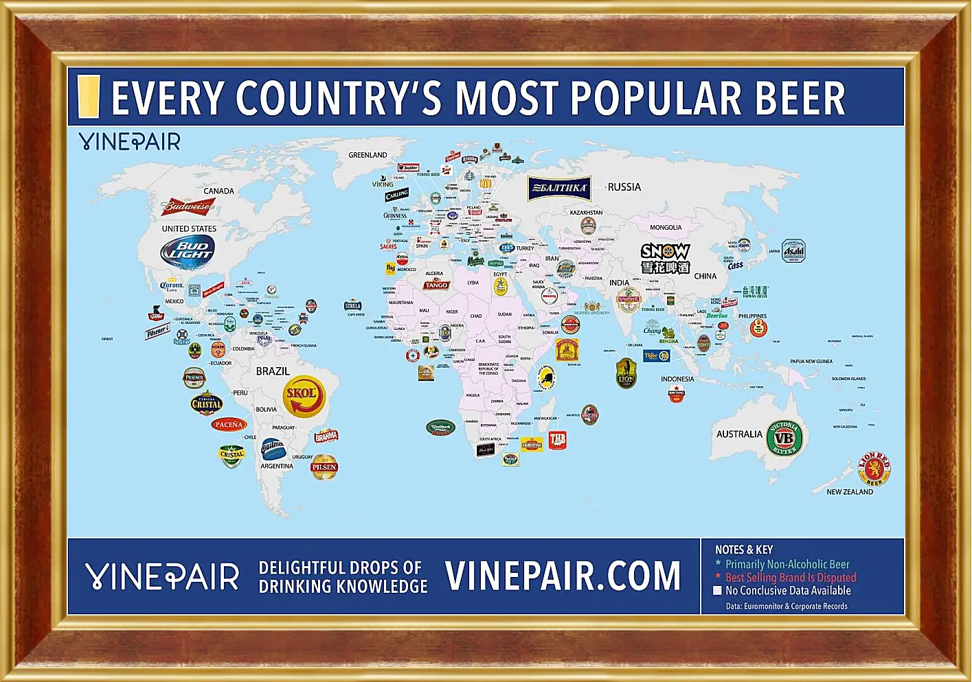 Картина в раме - Карта мира по популярности марок пива в странах