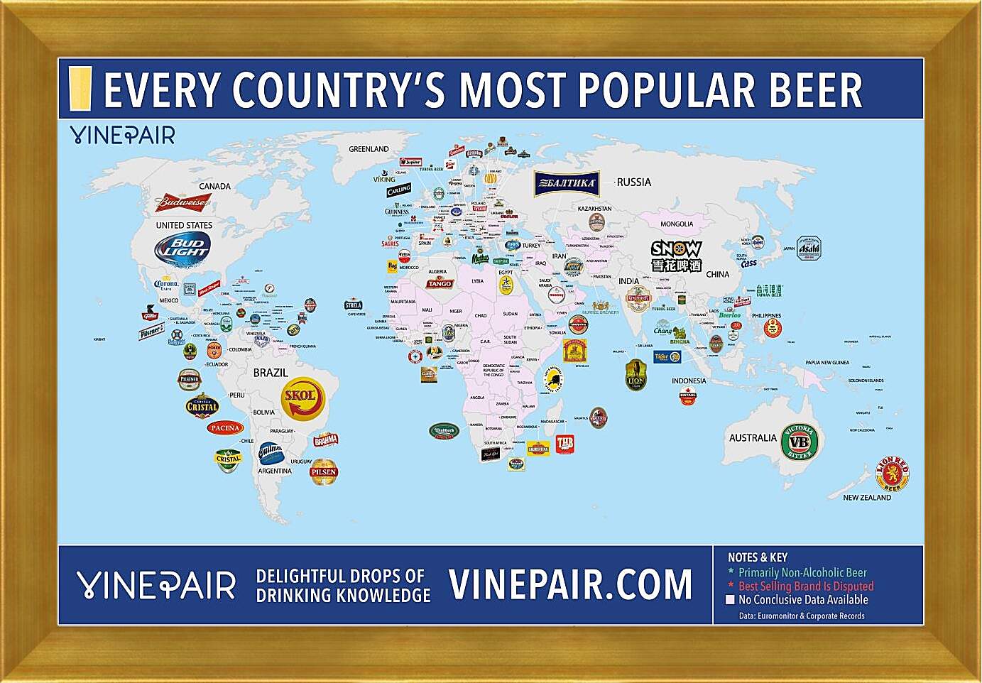 Картина в раме - Карта мира по популярности марок пива в странах