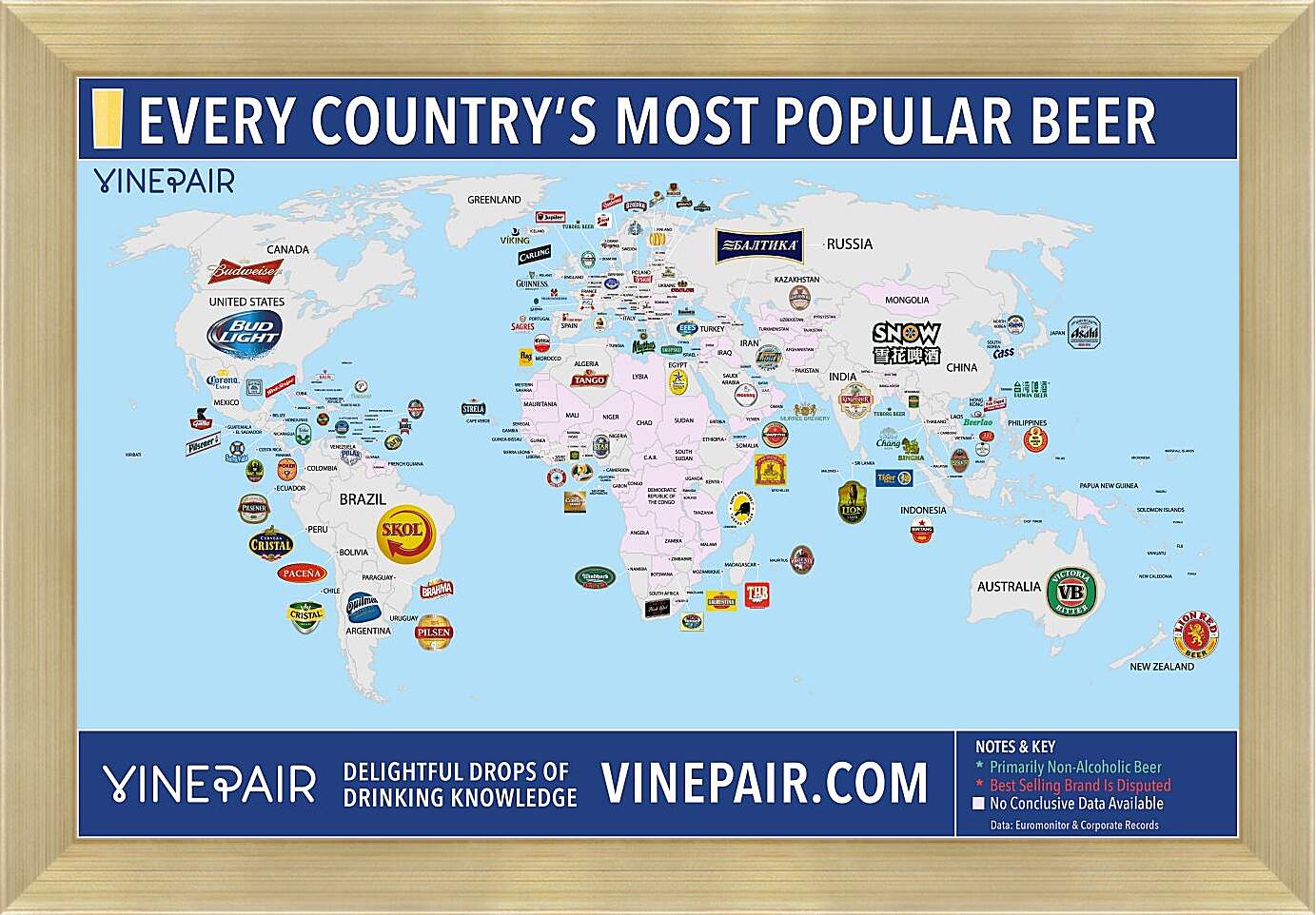 Картина в раме - Карта мира по популярности марок пива в странах
