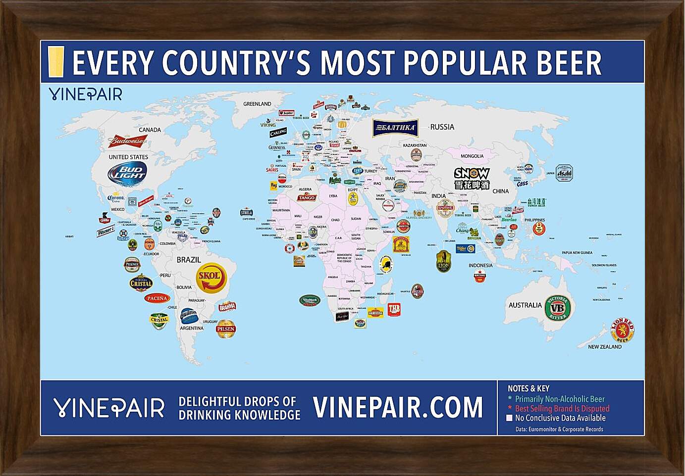 Картина в раме - Карта мира по популярности марок пива в странах