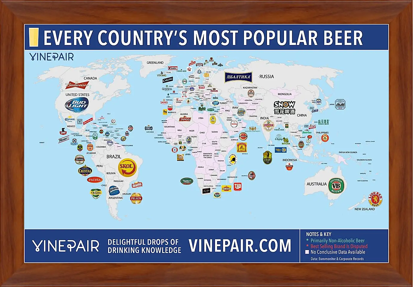 Картина в раме - Карта мира по популярности марок пива в странах