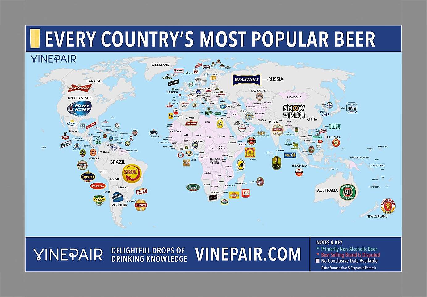 Картина в раме - Карта мира по популярности марок пива в странах