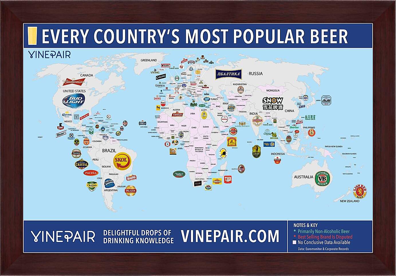 Картина в раме - Карта мира по популярности марок пива в странах