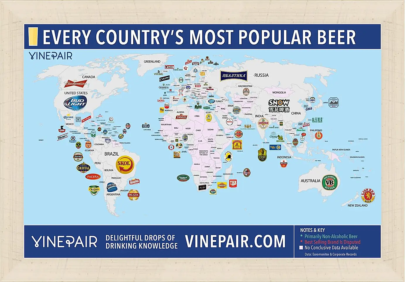 Картина в раме - Карта мира по популярности марок пива в странах