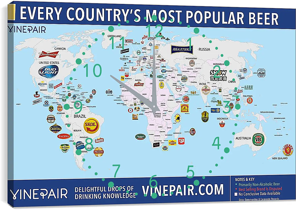 Часы картина - Карта мира по популярности марок пива в странах