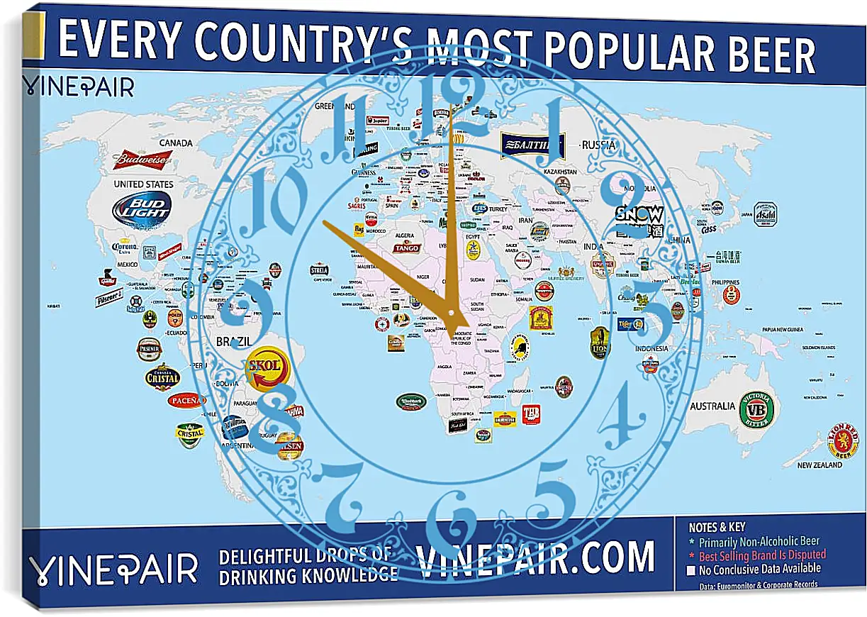 Часы картина - Карта мира по популярности марок пива в странах