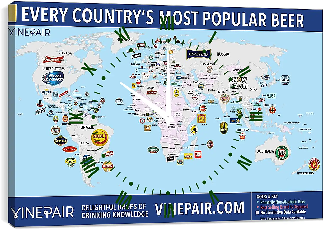 Часы картина - Карта мира по популярности марок пива в странах