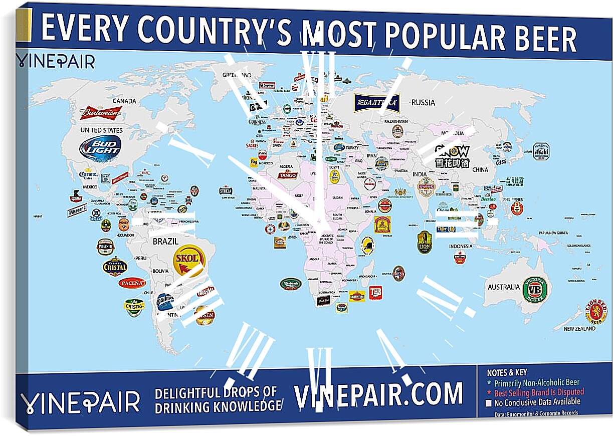 Часы картина - Карта мира по популярности марок пива в странах