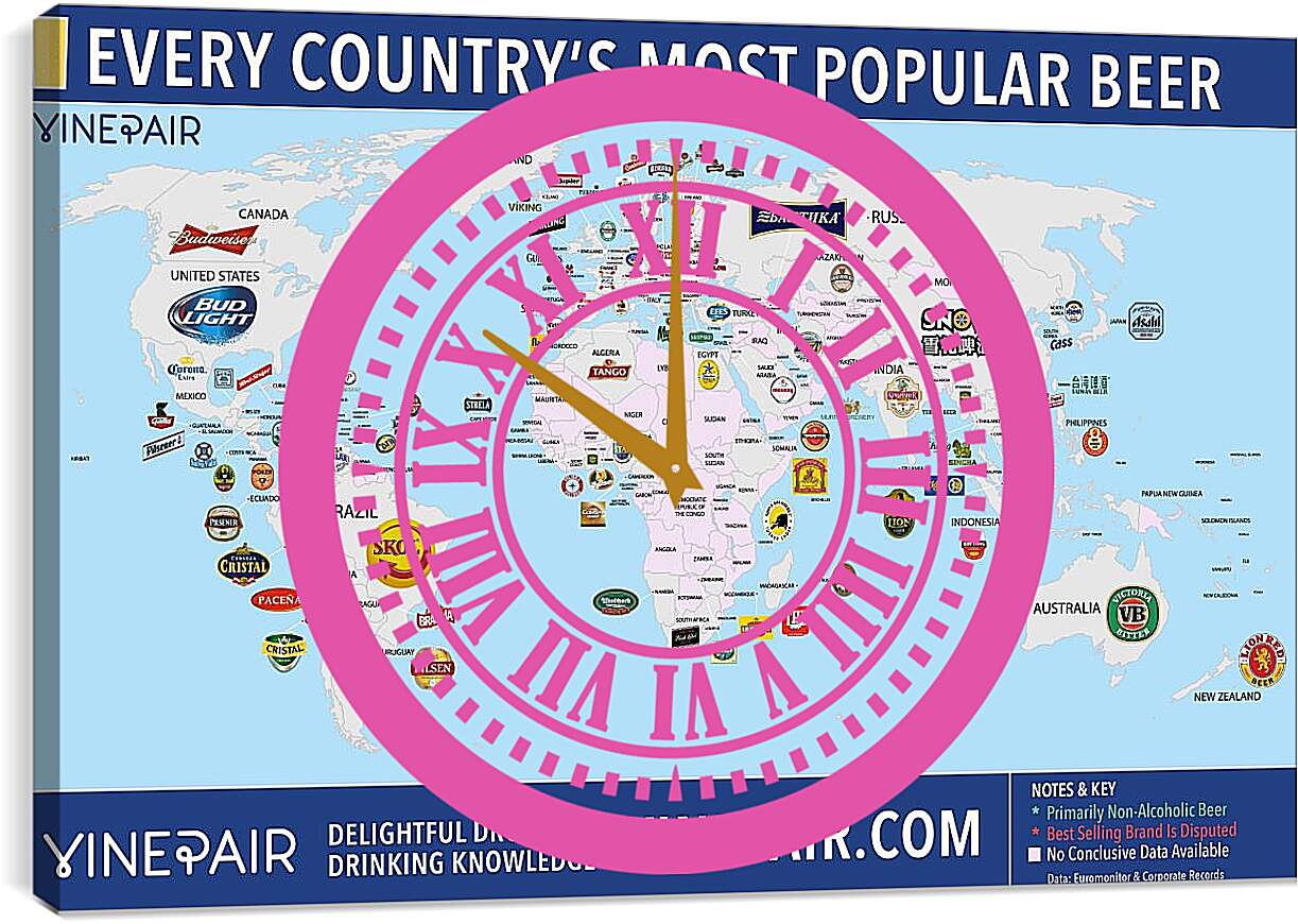 Часы картина - Карта мира по популярности марок пива в странах