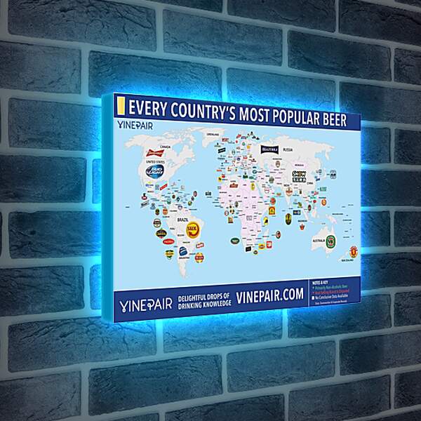 Лайтбокс световая панель - Карта мира по популярности марок пива в странах