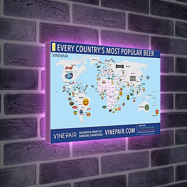 Лайтбокс световая панель - Карта мира по популярности марок пива в странах