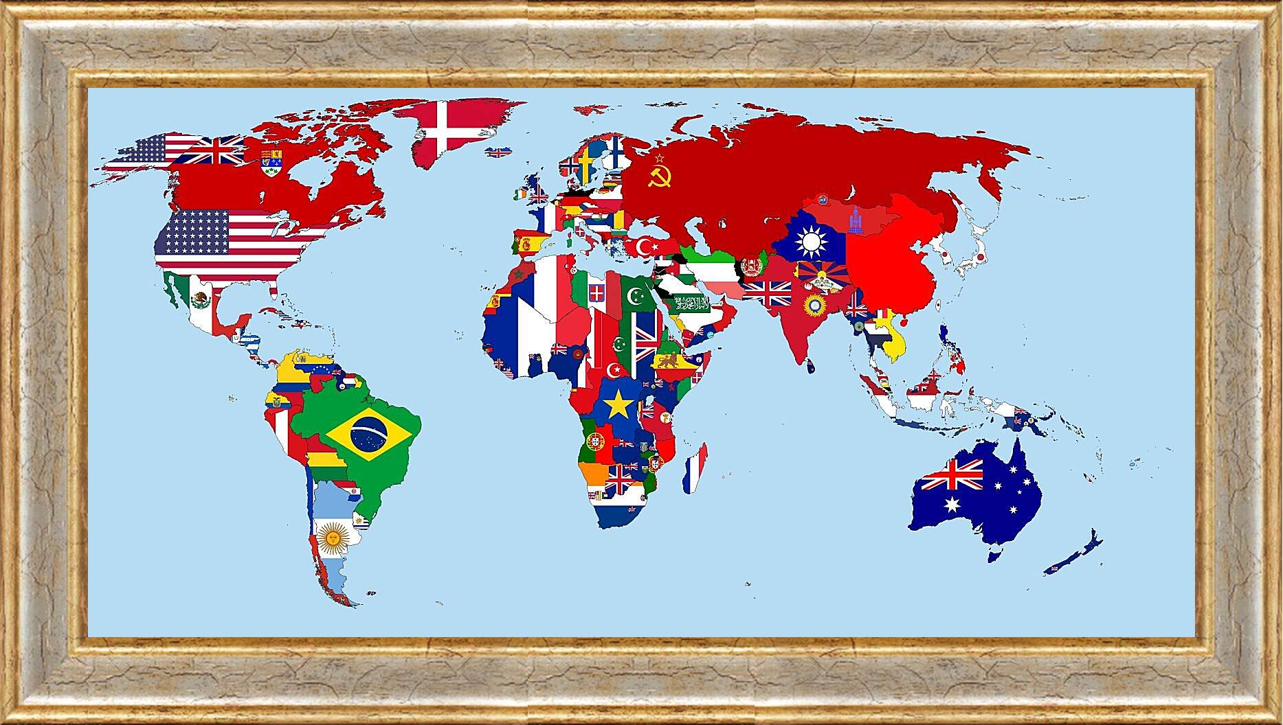 Картина в раме - Карта мира с флагами стран 1930 год