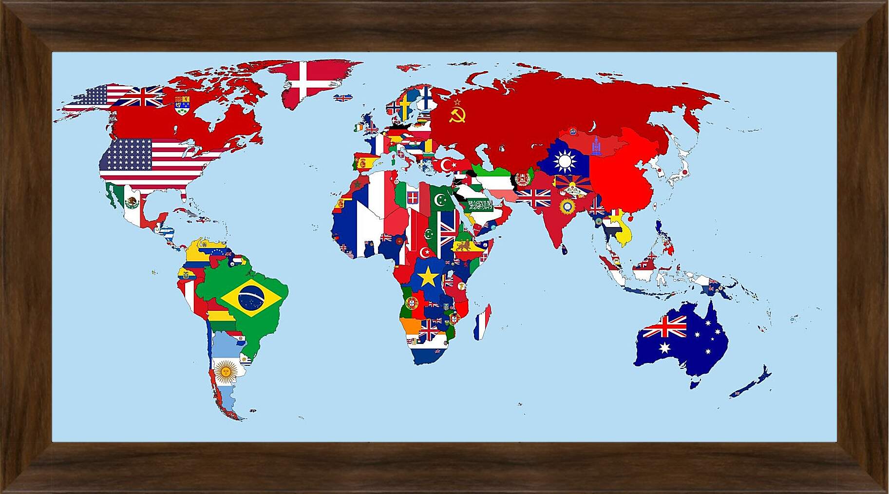 Картина в раме - Карта мира с флагами стран 1930 год