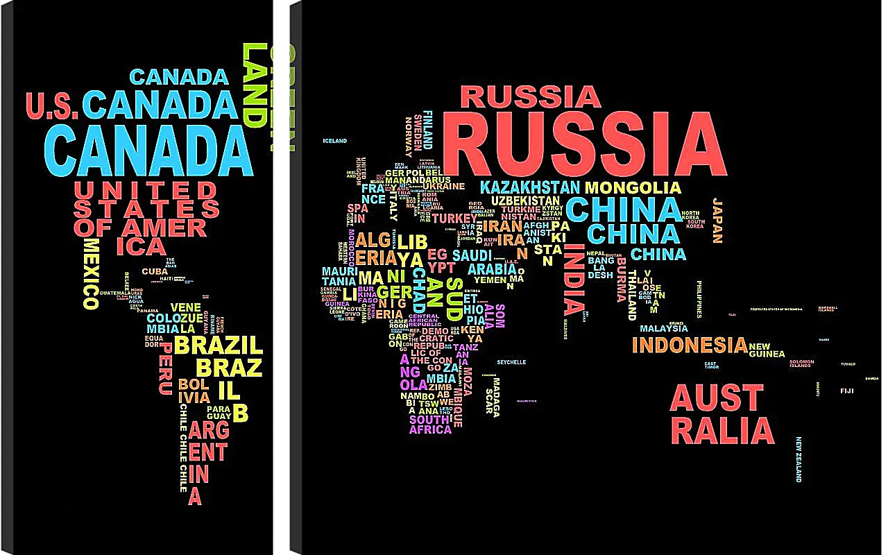 Модульная картина - Карта мира из названий стран