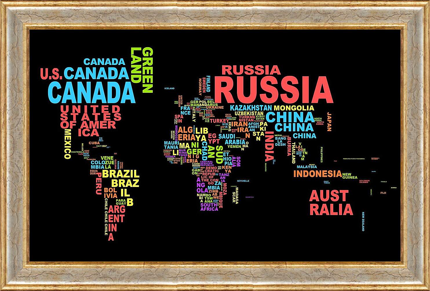 Картина в раме - Карта мира из названий стран