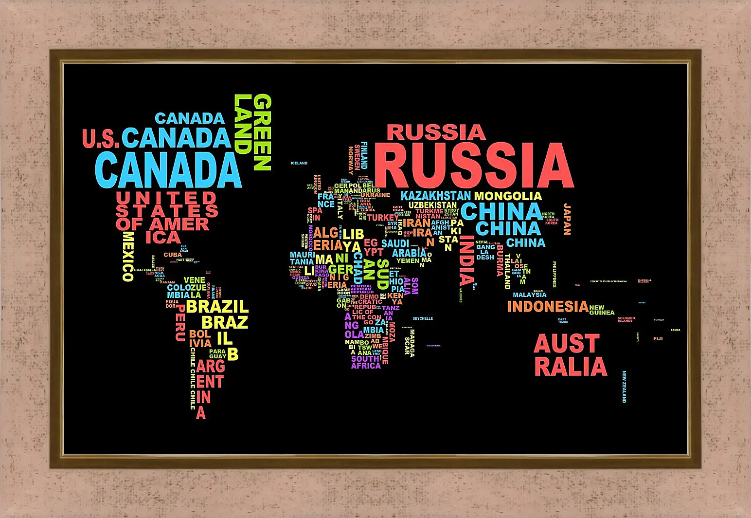 Картина в раме - Карта мира из названий стран