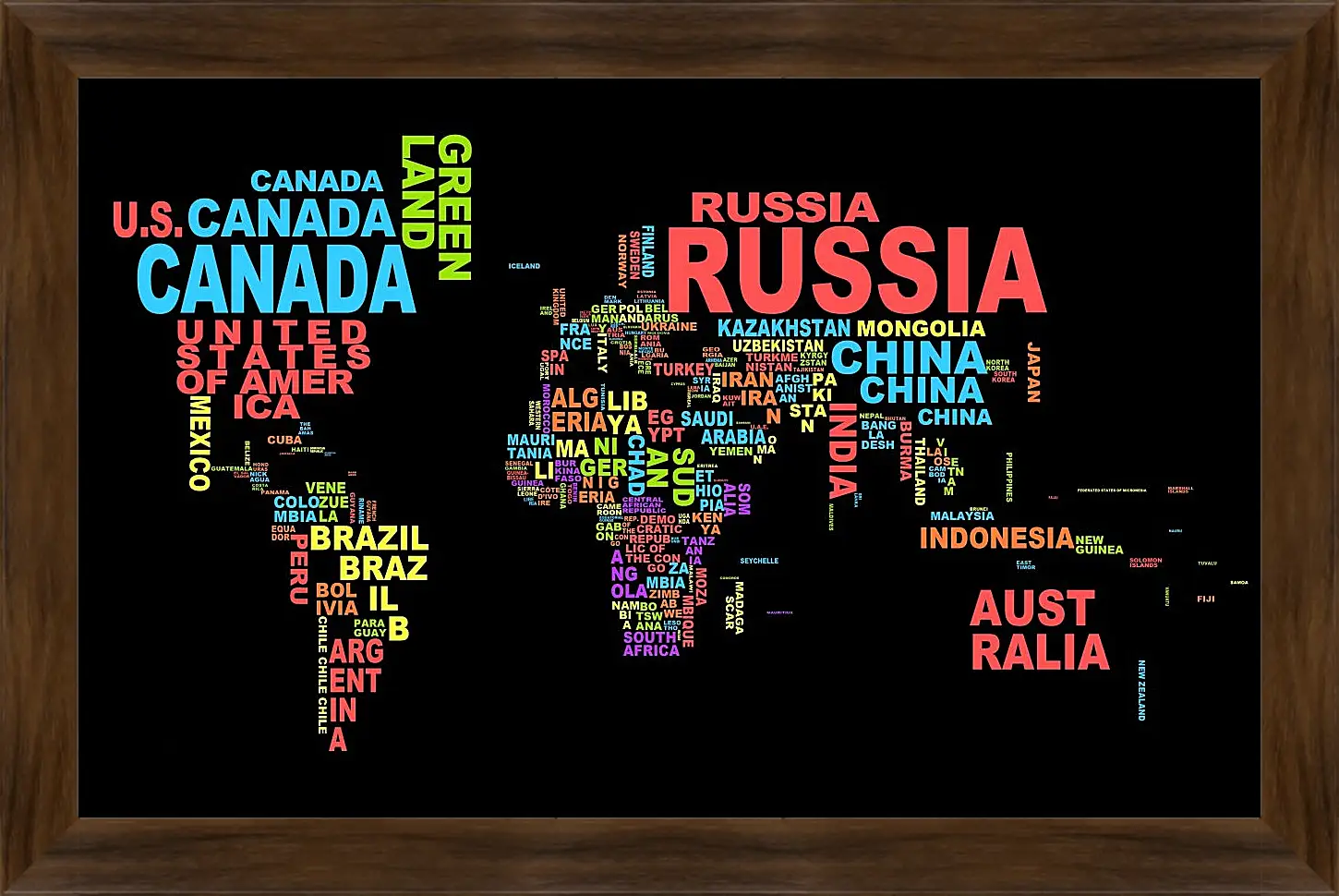 Картина в раме - Карта мира из названий стран