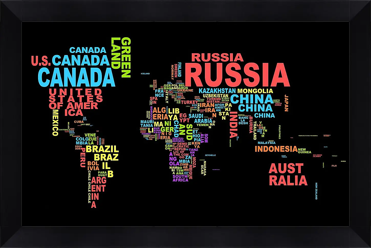 Картина в раме - Карта мира из названий стран