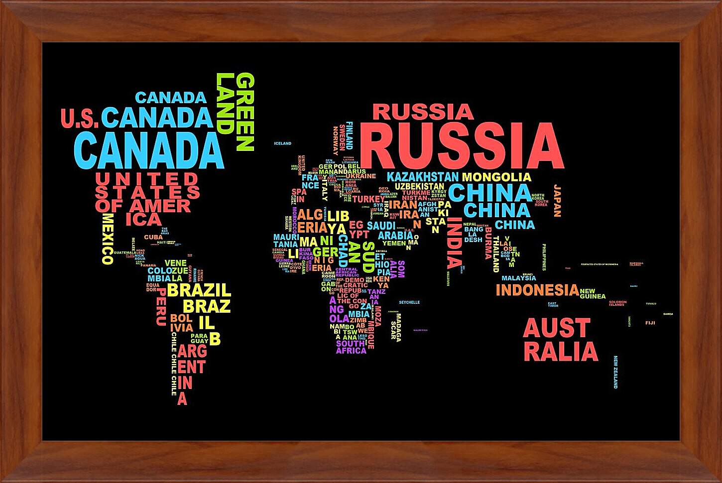 Картина в раме - Карта мира из названий стран