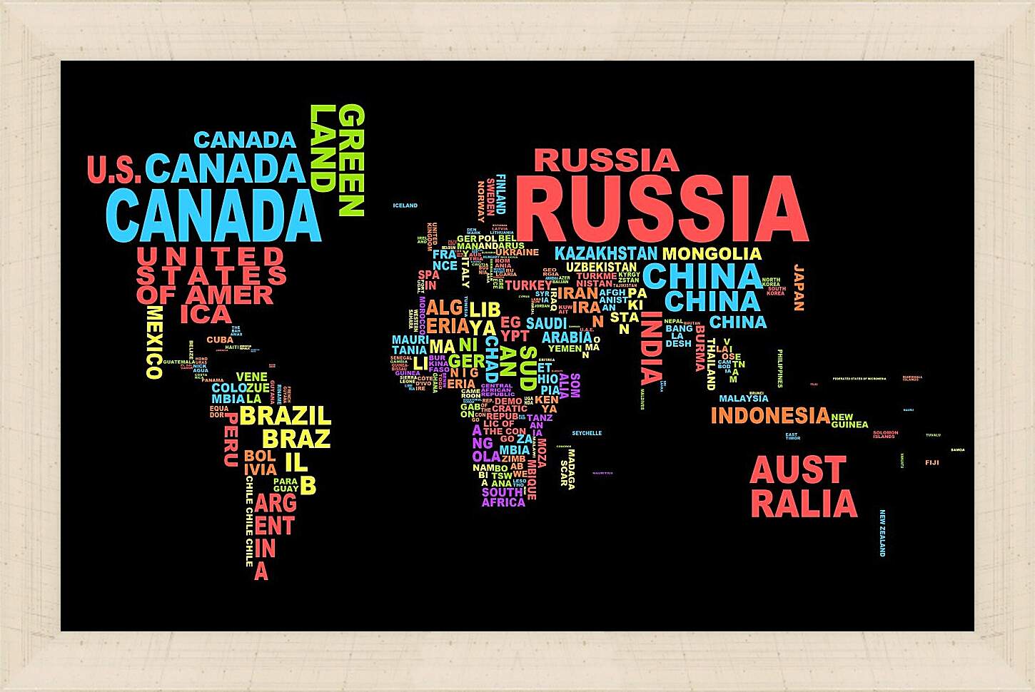 Картина в раме - Карта мира из названий стран