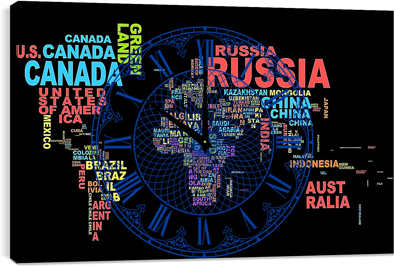 Часы картина - Карта мира из названий стран