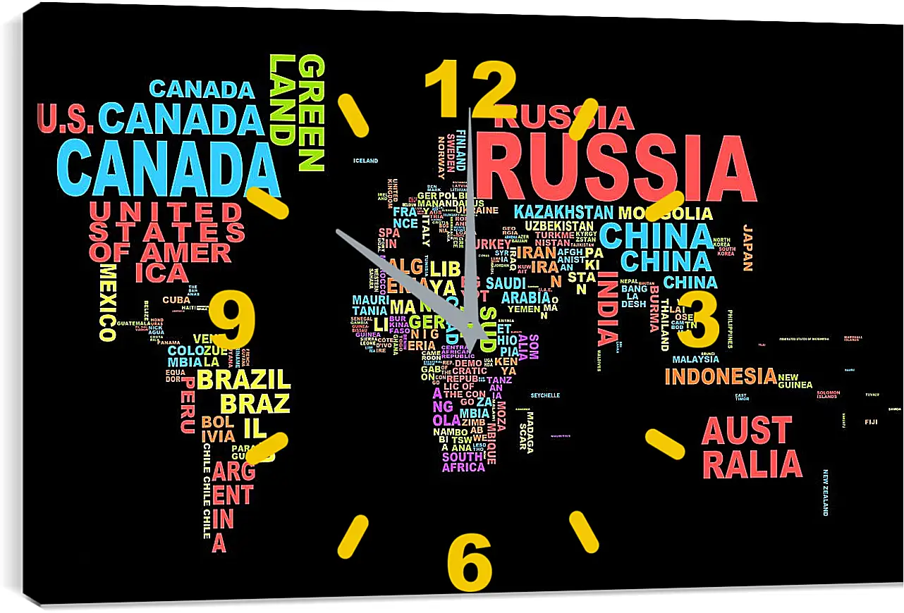 Часы картина - Карта мира из названий стран