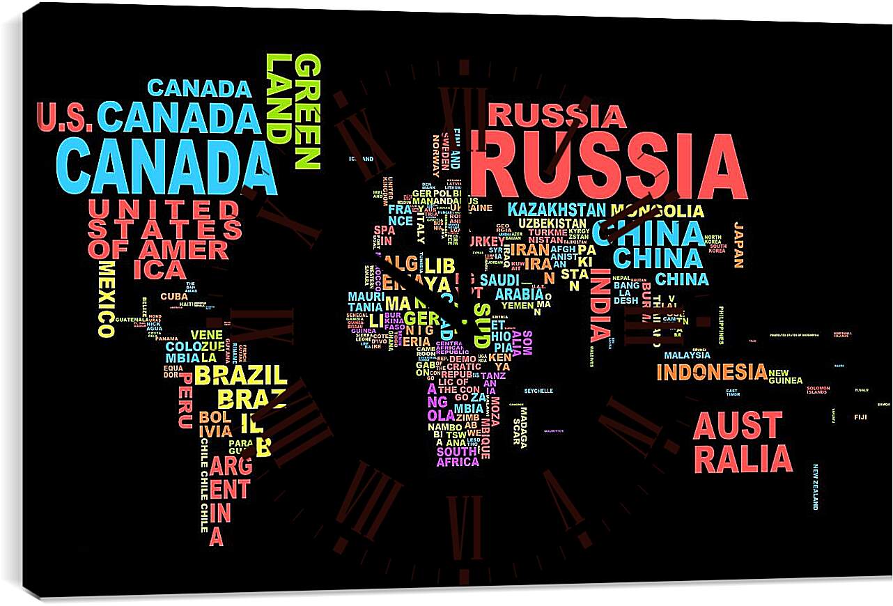 Часы картина - Карта мира из названий стран