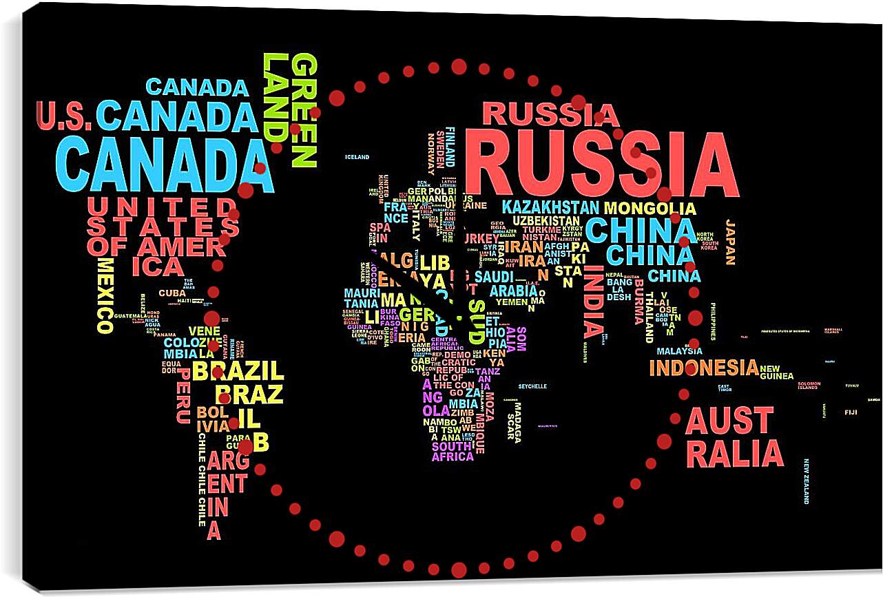 Часы картина - Карта мира из названий стран