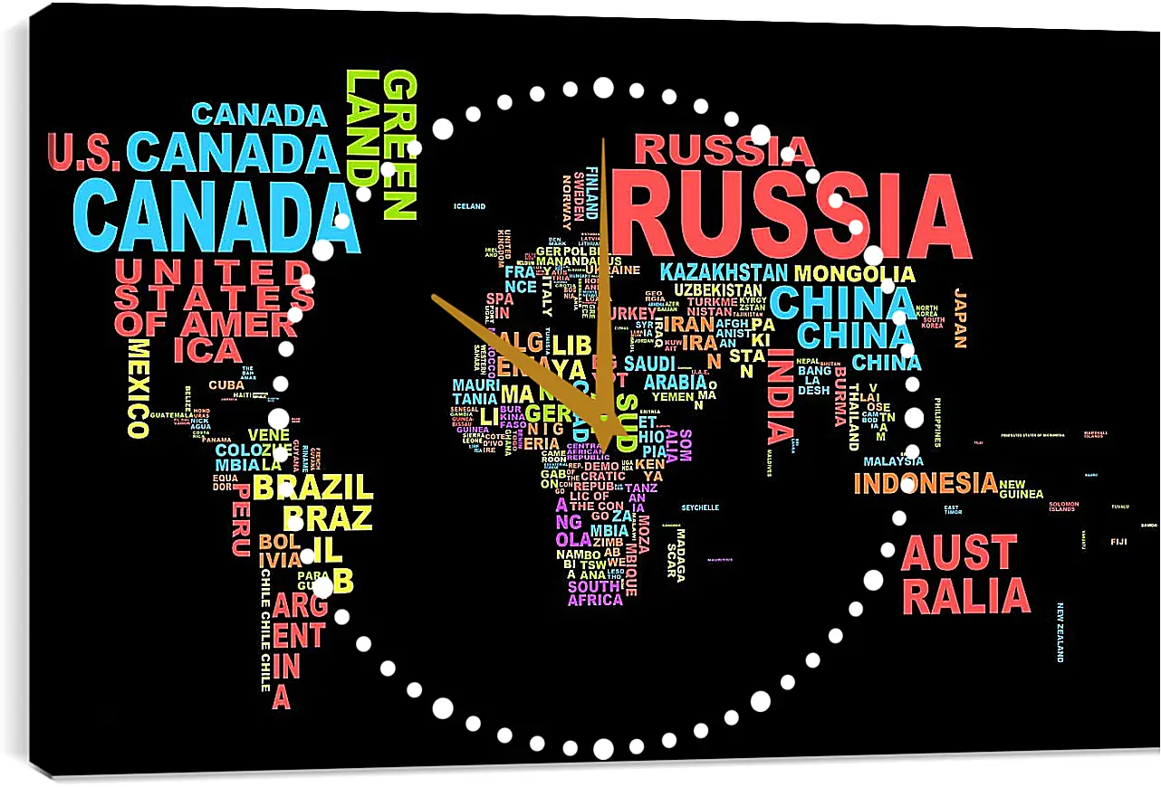 Часы картина - Карта мира из названий стран