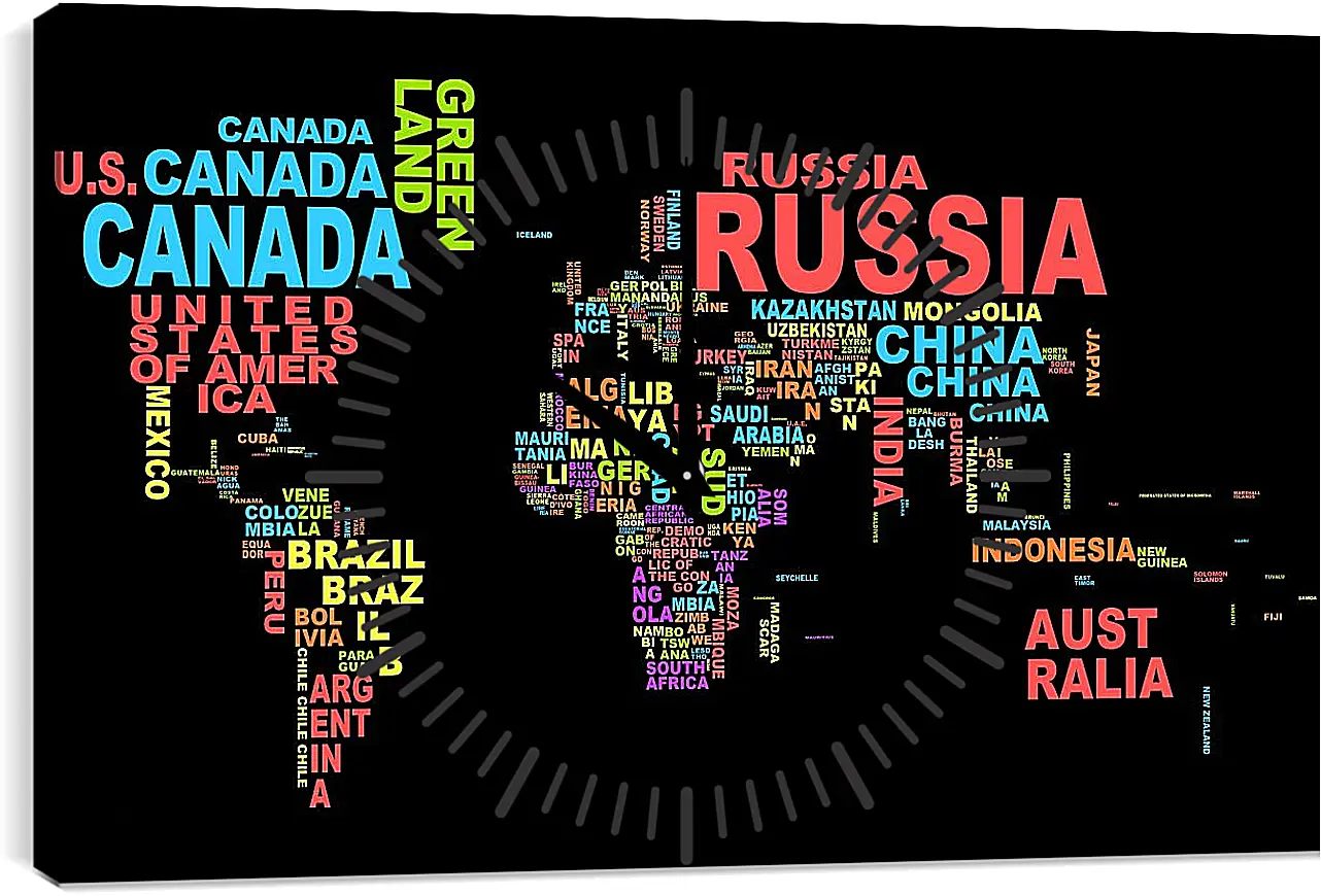 Часы картина - Карта мира из названий стран