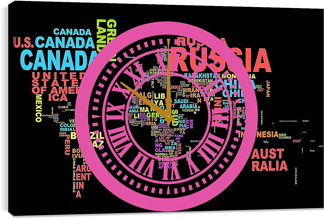 Часы картина - Карта мира из названий стран
