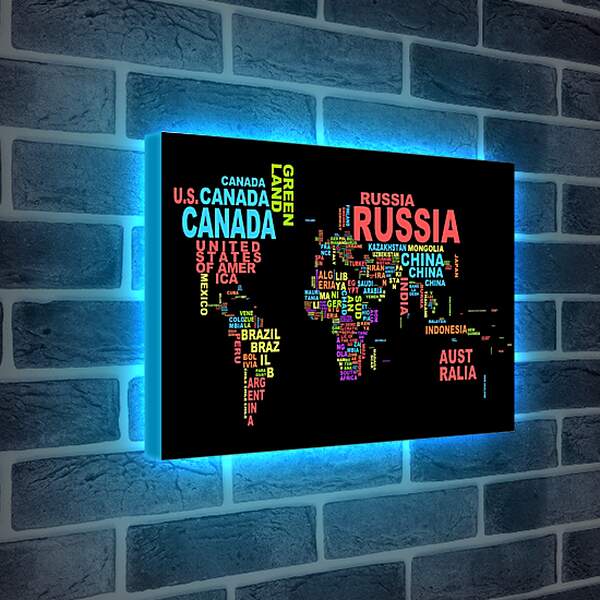 Лайтбокс световая панель - Карта мира из названий стран