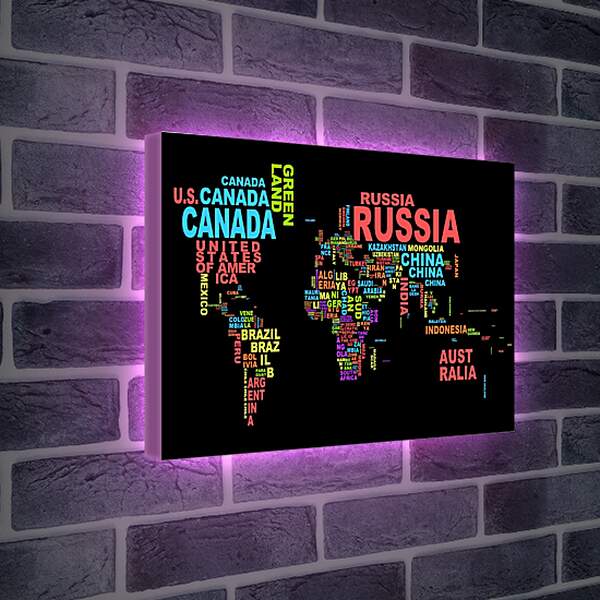 Лайтбокс световая панель - Карта мира из названий стран