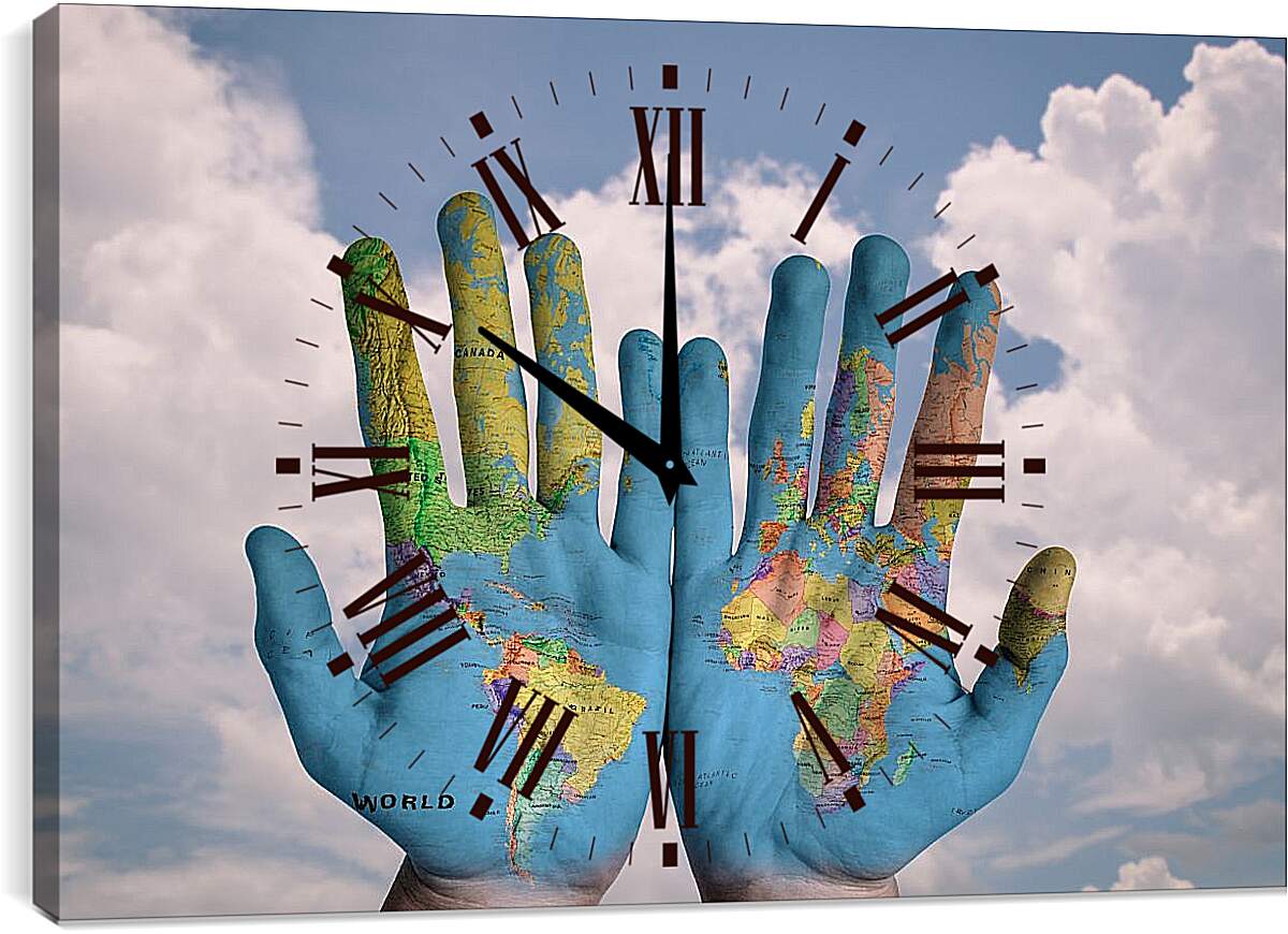 Часы картина - Карта мира на ладонях