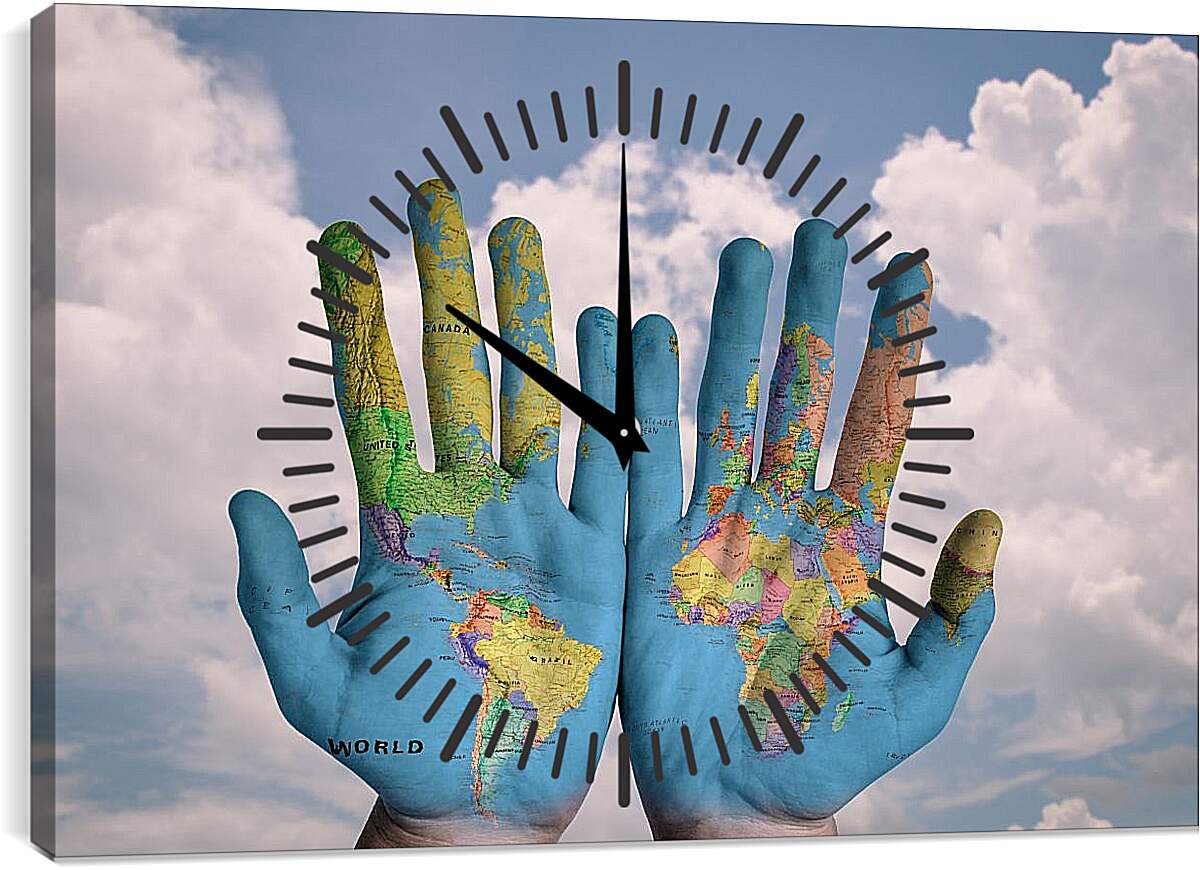 Часы картина - Карта мира на ладонях