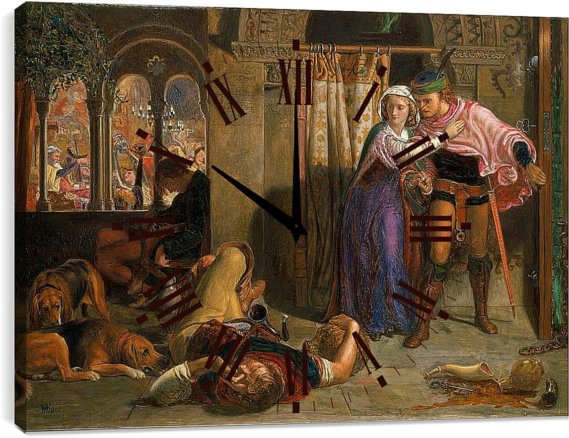 Часы картина - Полет Маделин и Порфиро, посещающих попойку накануне дня святой Агнессы. Фрагмент II. Уильям Холман Хант