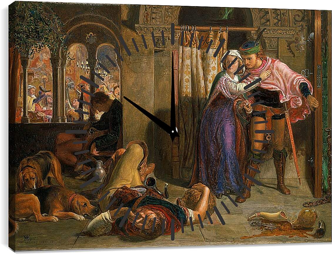 Часы картина - Полет Маделин и Порфиро, посещающих попойку накануне дня святой Агнессы. Фрагмент II. Уильям Холман Хант