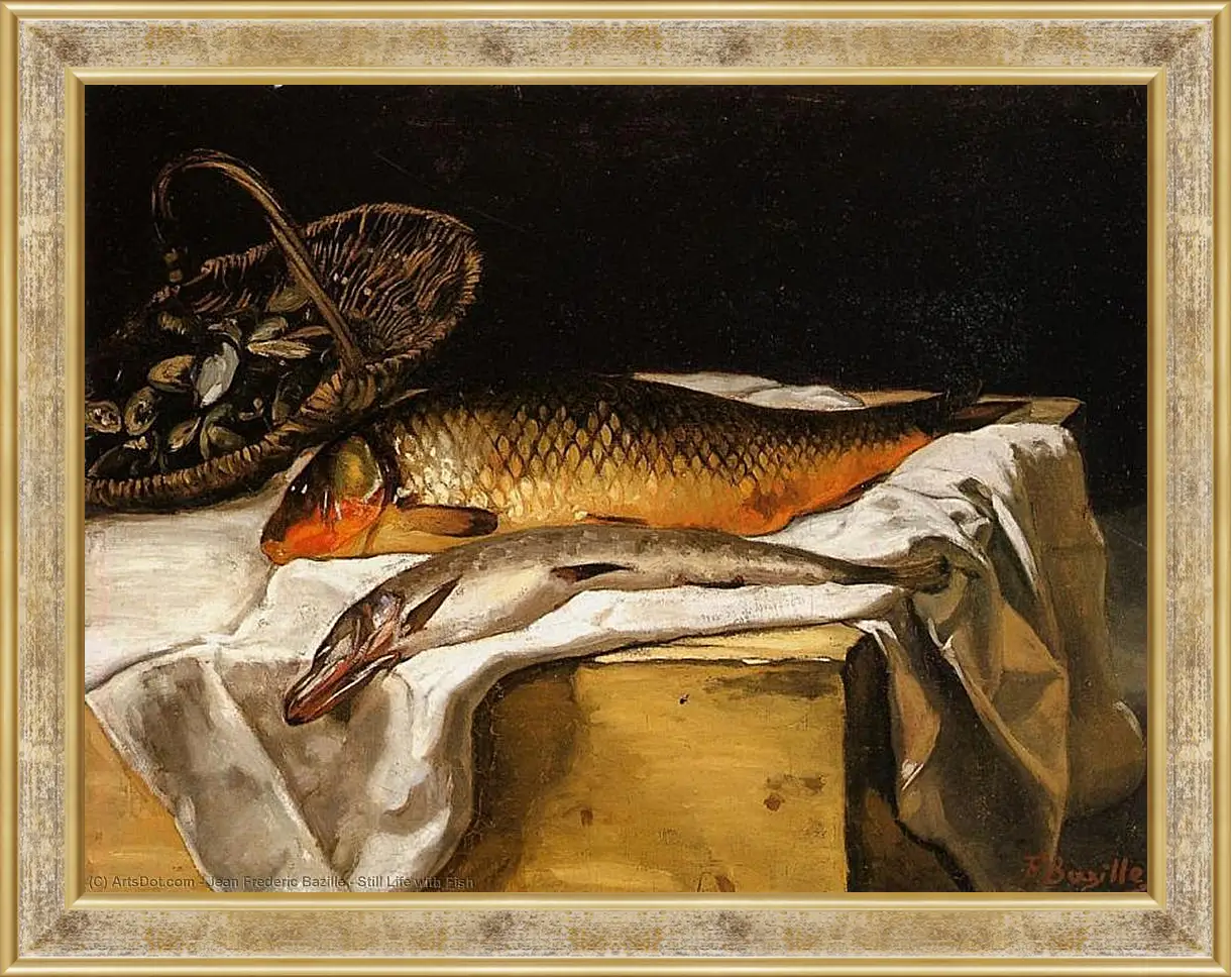 Картина в раме - Still Life with Fish. Жан Фредерик Базиль