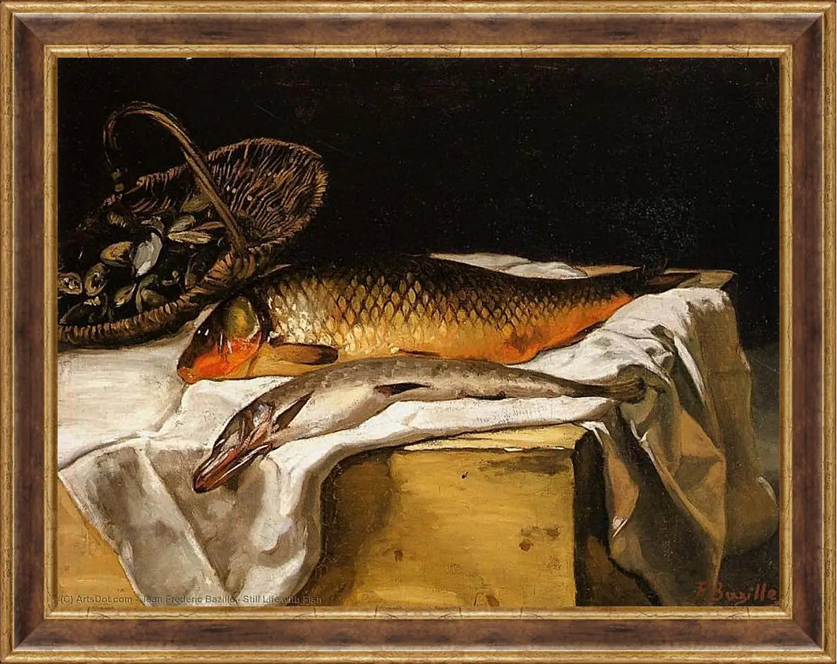 Картина в раме - Still Life with Fish. Жан Фредерик Базиль