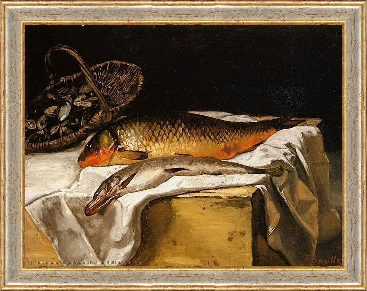 Картина в раме - Still Life with Fish. Жан Фредерик Базиль