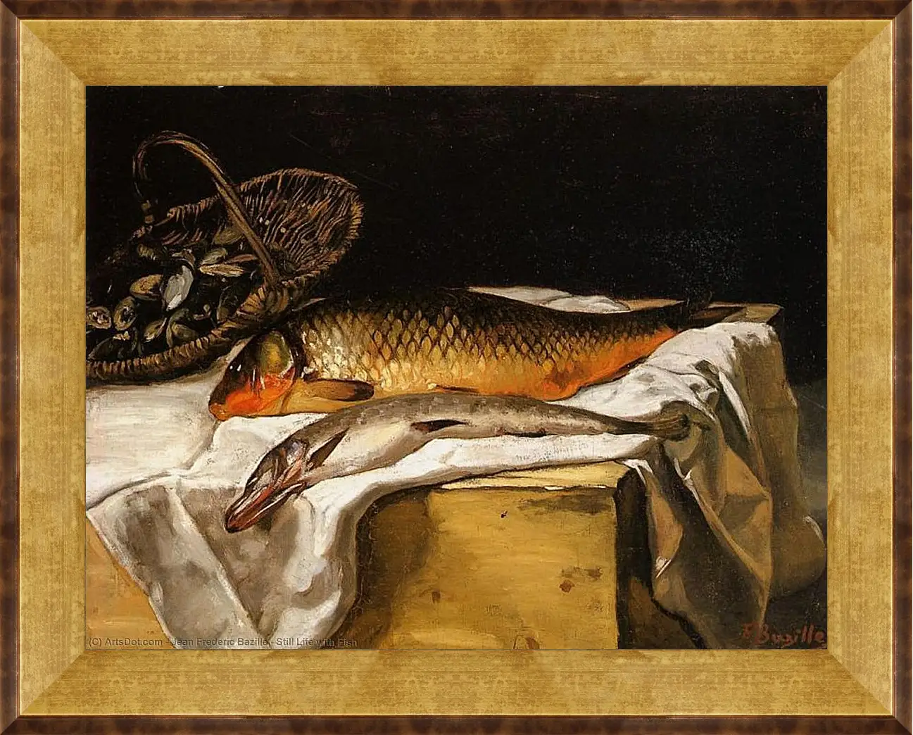 Картина в раме - Still Life with Fish. Жан Фредерик Базиль