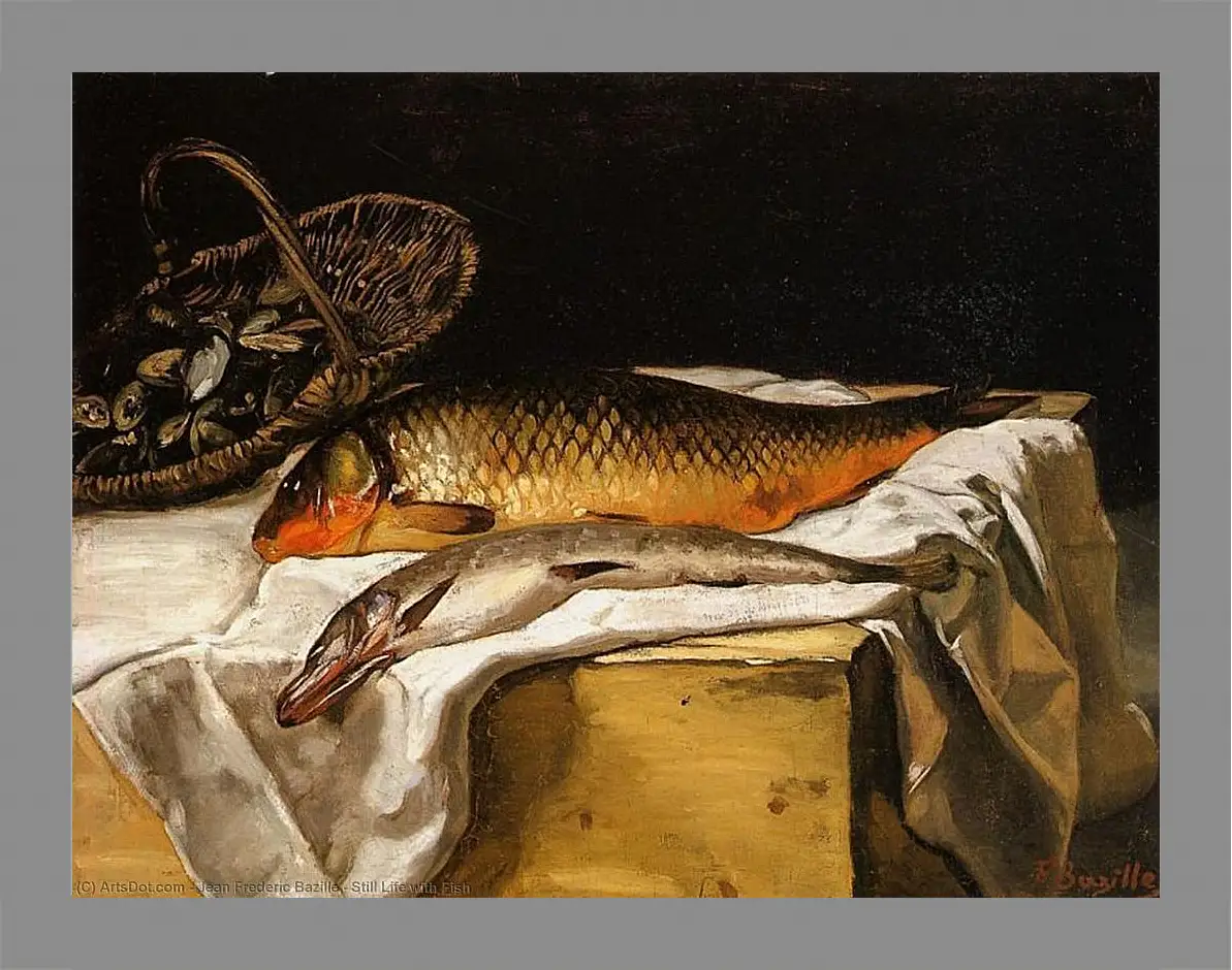 Картина в раме - Still Life with Fish. Жан Фредерик Базиль