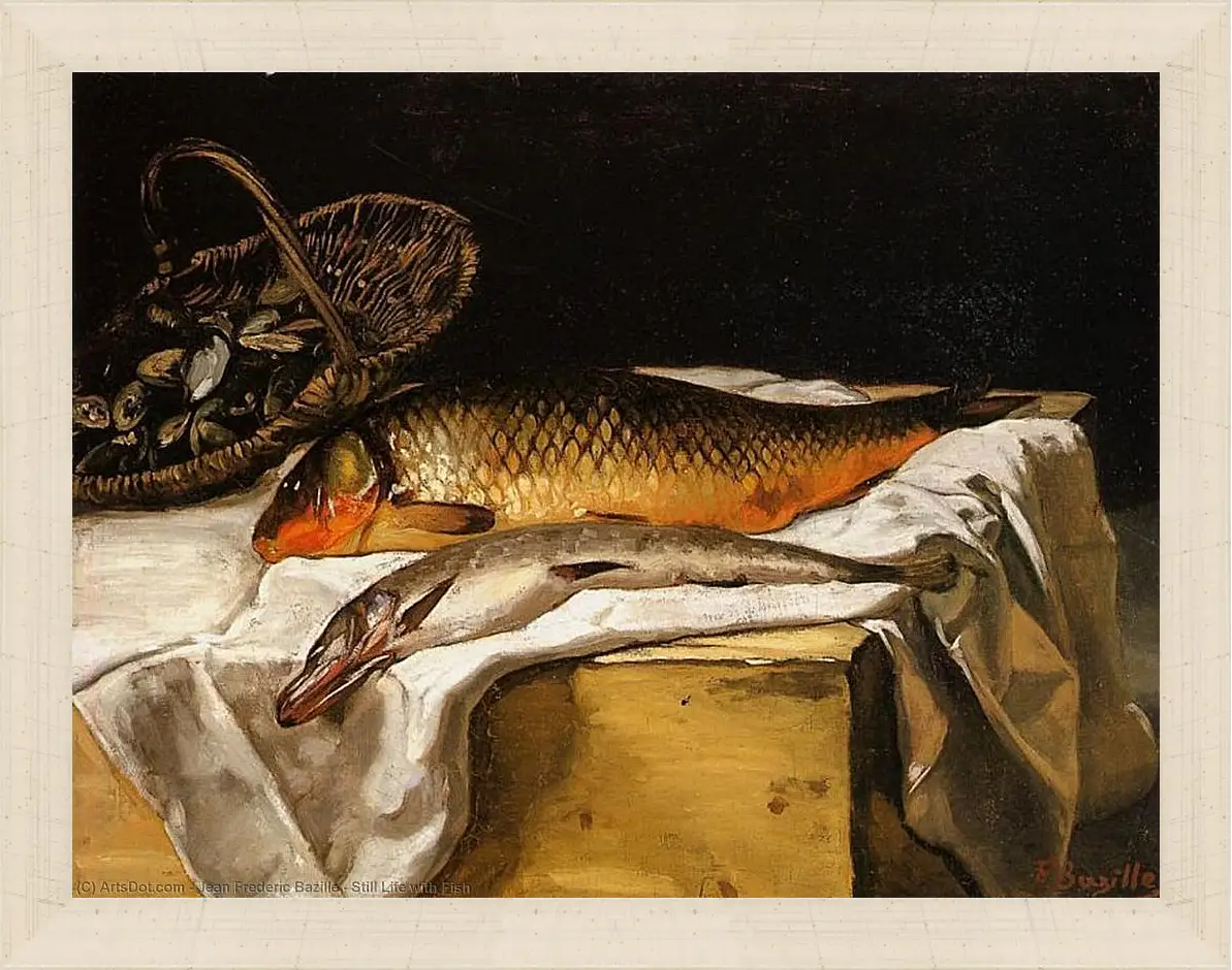 Картина в раме - Still Life with Fish. Жан Фредерик Базиль