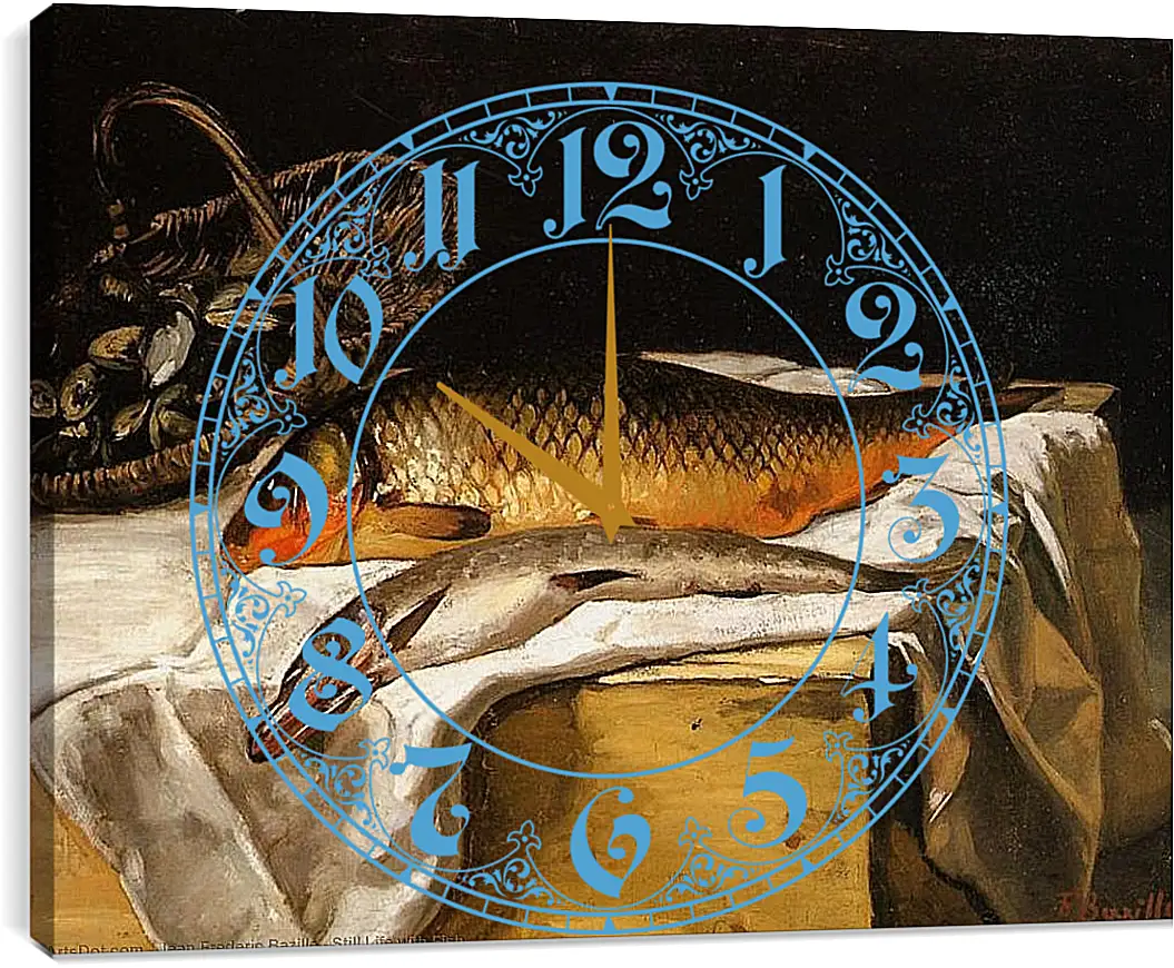 Часы картина - Still Life with Fish. Жан Фредерик Базиль