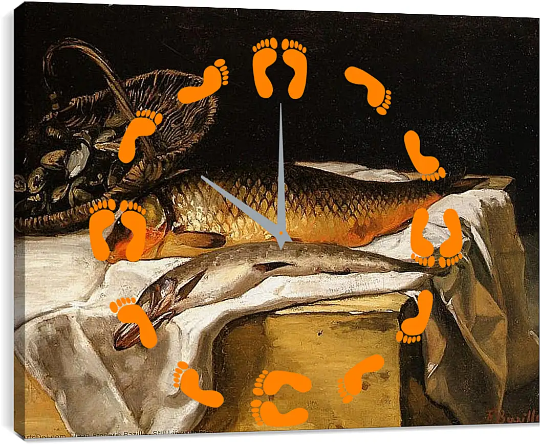 Часы картина - Still Life with Fish. Жан Фредерик Базиль