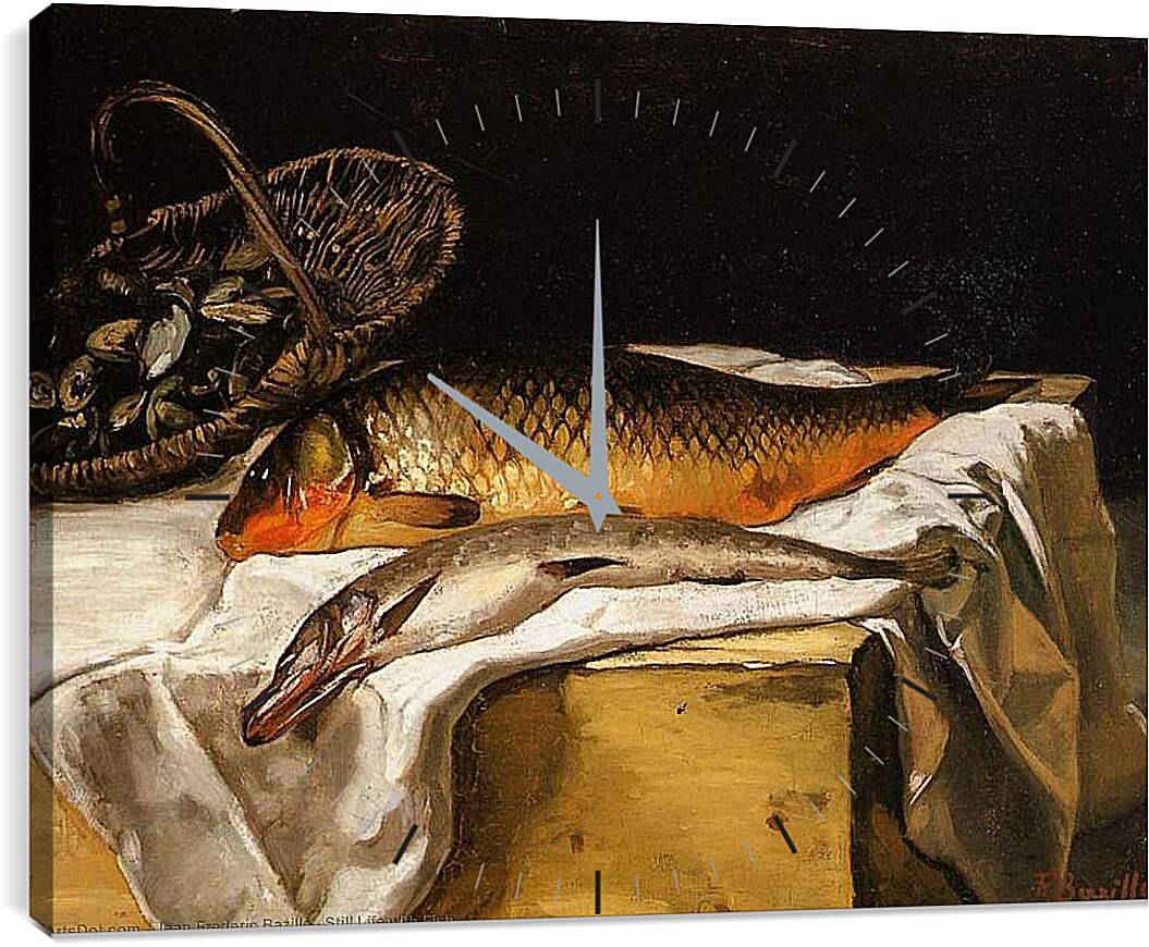 Часы картина - Still Life with Fish. Жан Фредерик Базиль