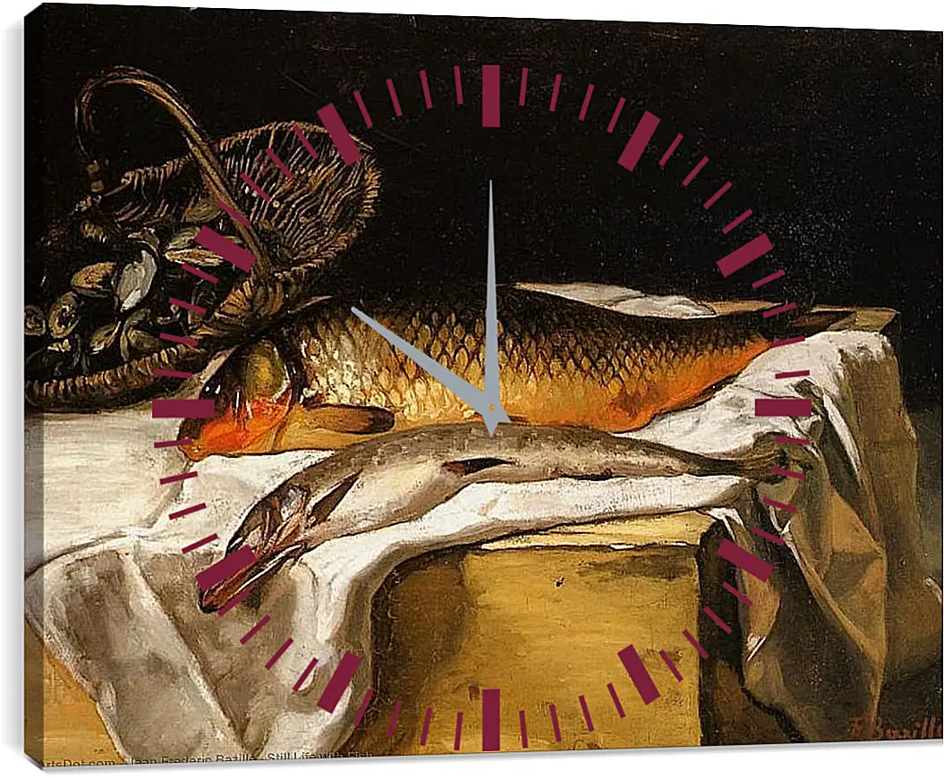 Часы картина - Still Life with Fish. Жан Фредерик Базиль