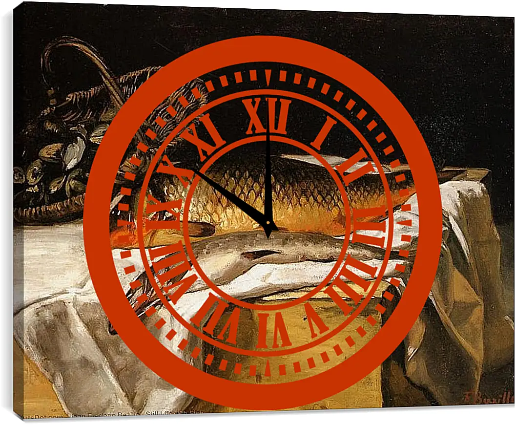 Часы картина - Still Life with Fish. Жан Фредерик Базиль