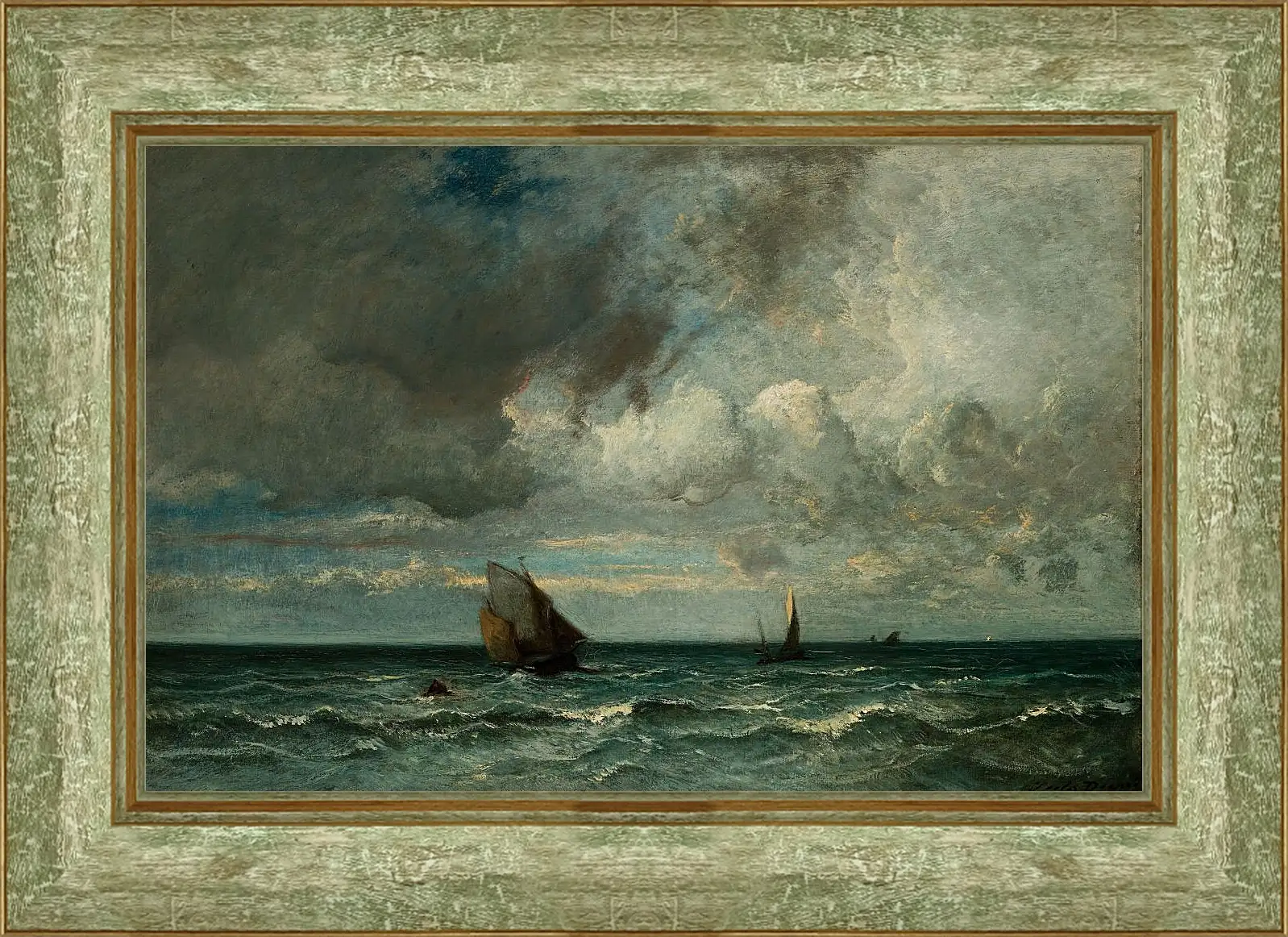 Картина в раме - Barks Fleeing Before the Storm. Жюль Дюпре
