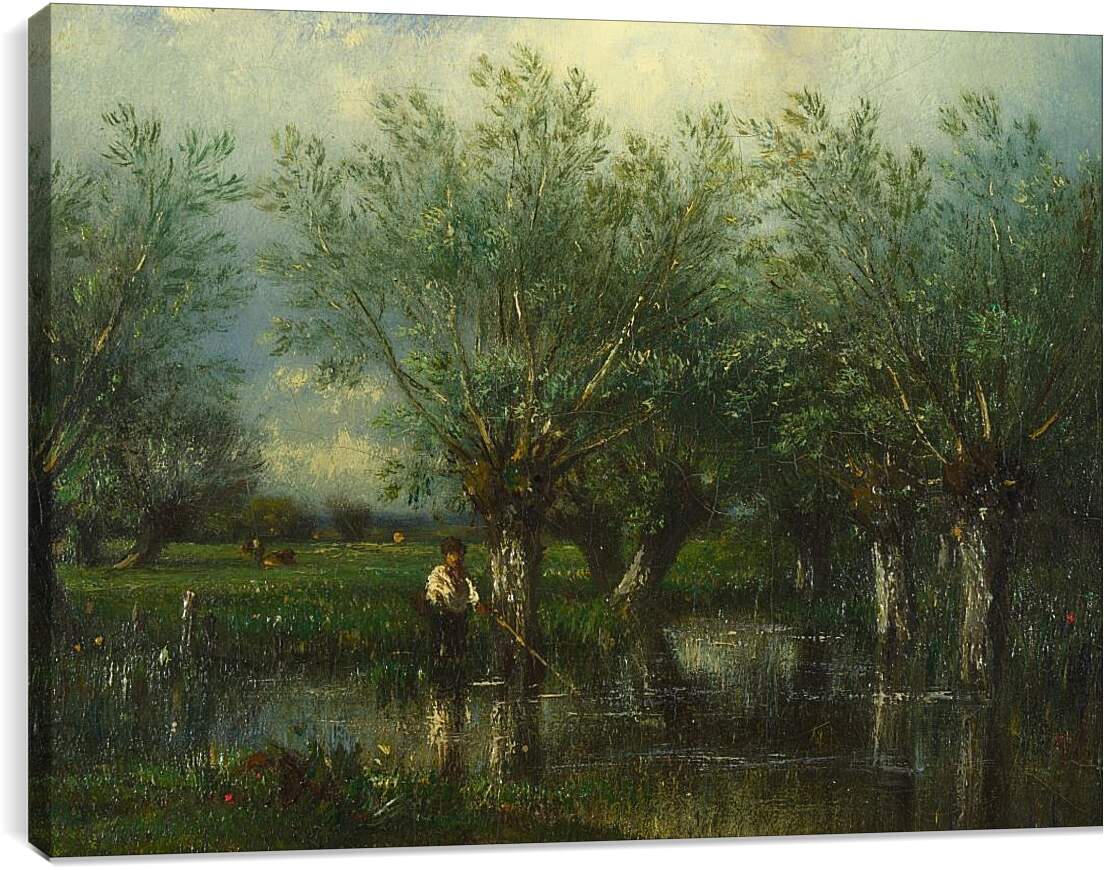 Постер и плакат - Willows, with a Man Fishing.. Жюль Дюпре